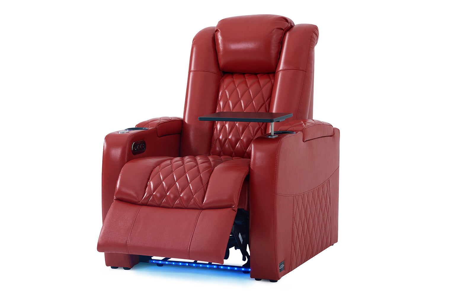 comfiroom Classic Series red leather 1-seat home theater recliner with tray, USB, and ambient lighting. #Color_Red