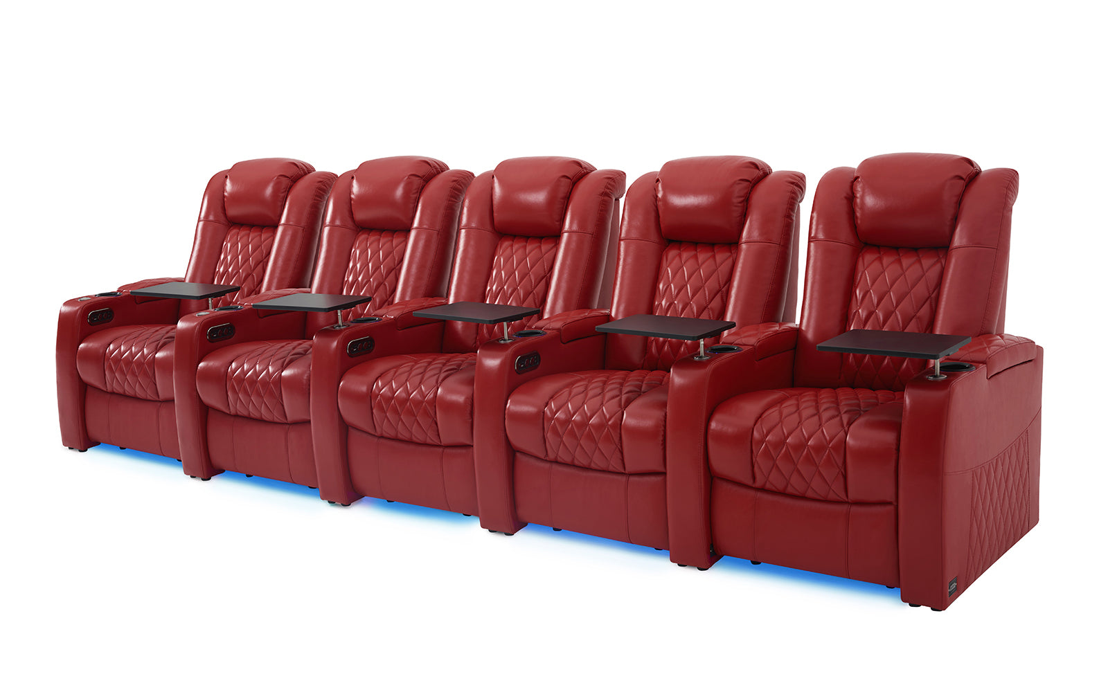 Red leather 5-seat home theater recliners with tray tables and blue LED base lighting. #Color_Red